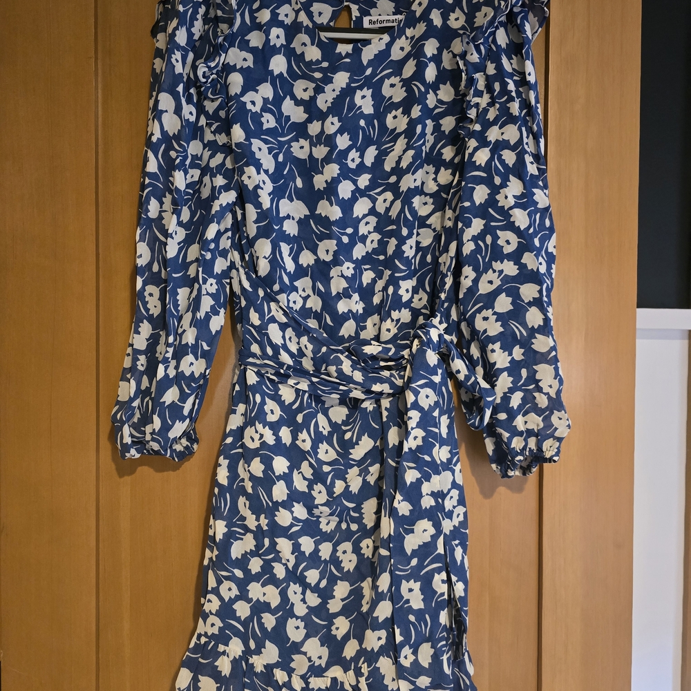 Reformation Blue and White Floral Long Sleeve Dress